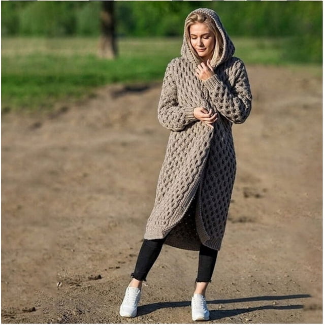 Suéter de punto largo con capucha para mujer, de color sólido y cálido, para otoño e invierno