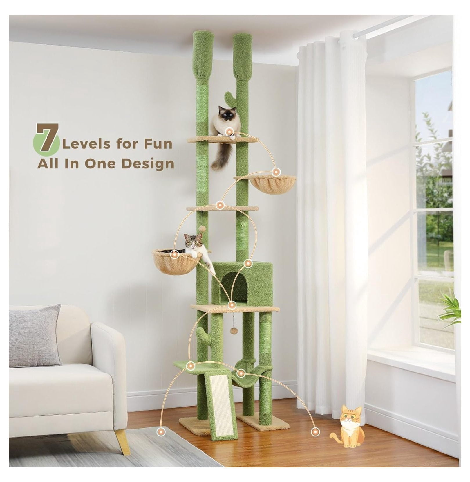 Cactus Cat Tree Floor to Ceiling, 85-112 Inch Adjustable Cat Tower - 7 Tier Climbing Center with Hammocks & Scratching Posts for Indoor Cats