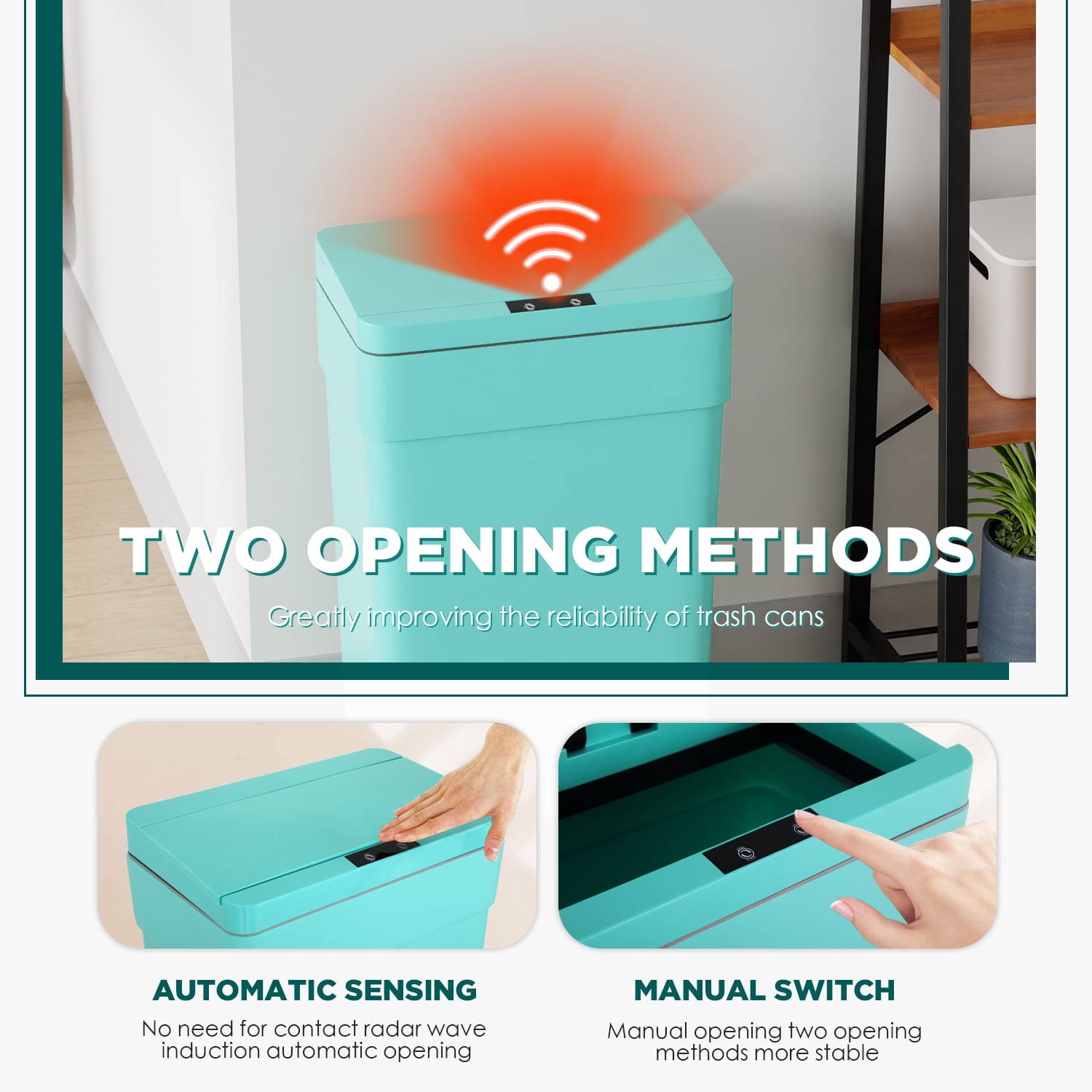YRLLENSDAN Kitchen Trash Can 13 Gallon Bathroom Trash Can with Lid Automatic Trash Can Touchless With Motion Sensor ABS Plastic Trash Bin for Bedroom Garbage Can 2 pack,Teal