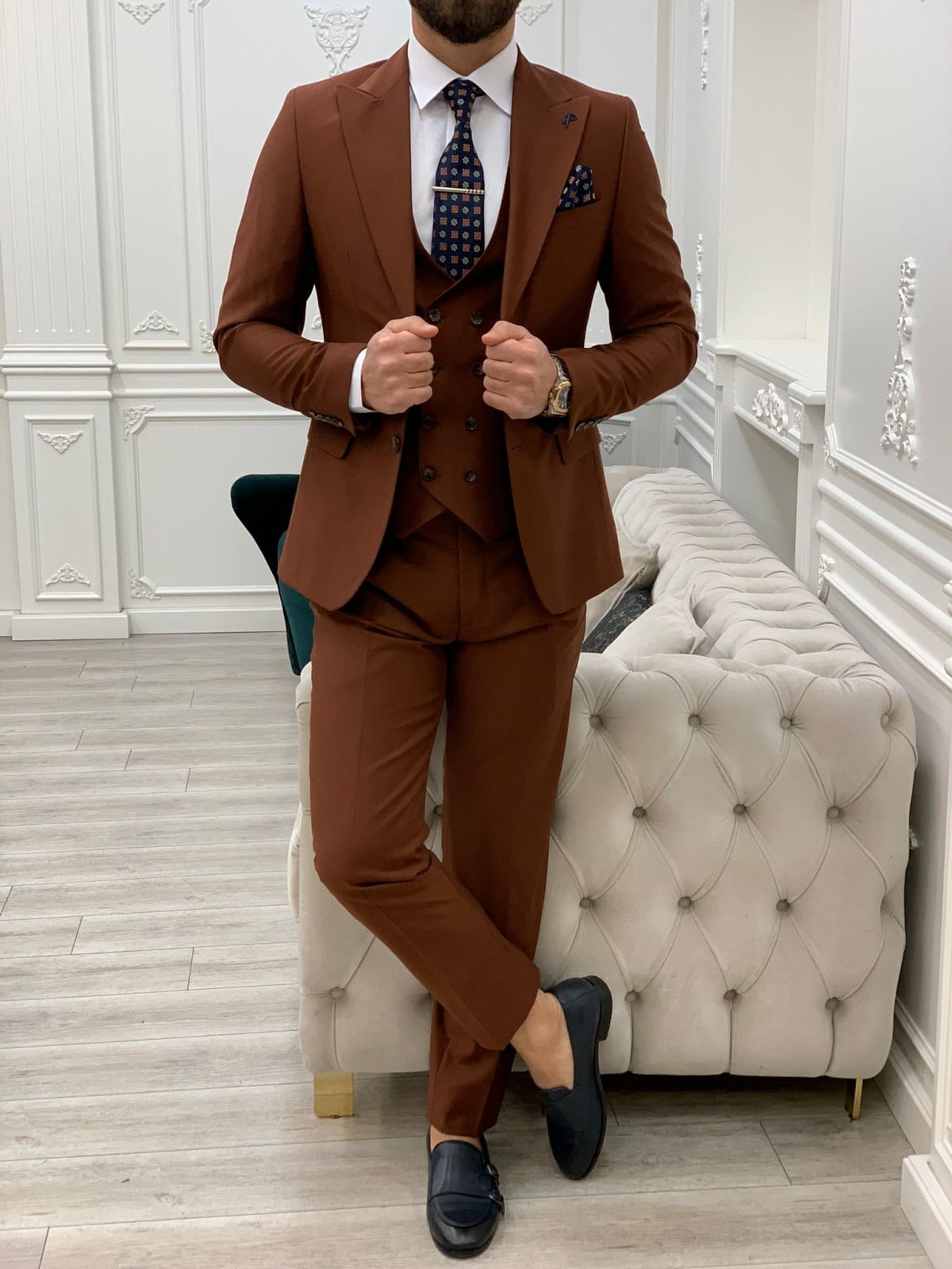 Gent With Mens Brown 3 Piece Slim Fit Suit, Italian Designed Coat Pants, Wedding Groom Party Wear Suit