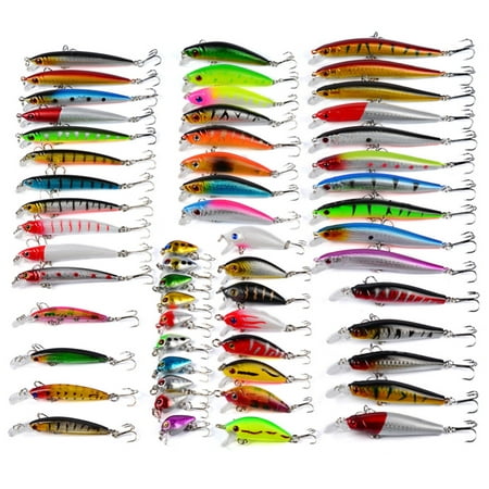56Pcs/Set Colorful Mixed Minnow Fishing Lures Bass Bait Crankbait Treble Hook Smooth Diving Action Fishing