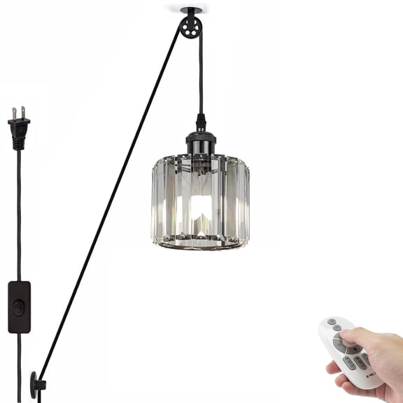 Kiven Plug in Pendant Light,Crystal Hanging Light, Dimmable Hanging Light Fixture with 15FT Plug-in Cord & Pulley Adjustable Height for Bedroom Hallway Kitchen Island, Pearl Black Finish