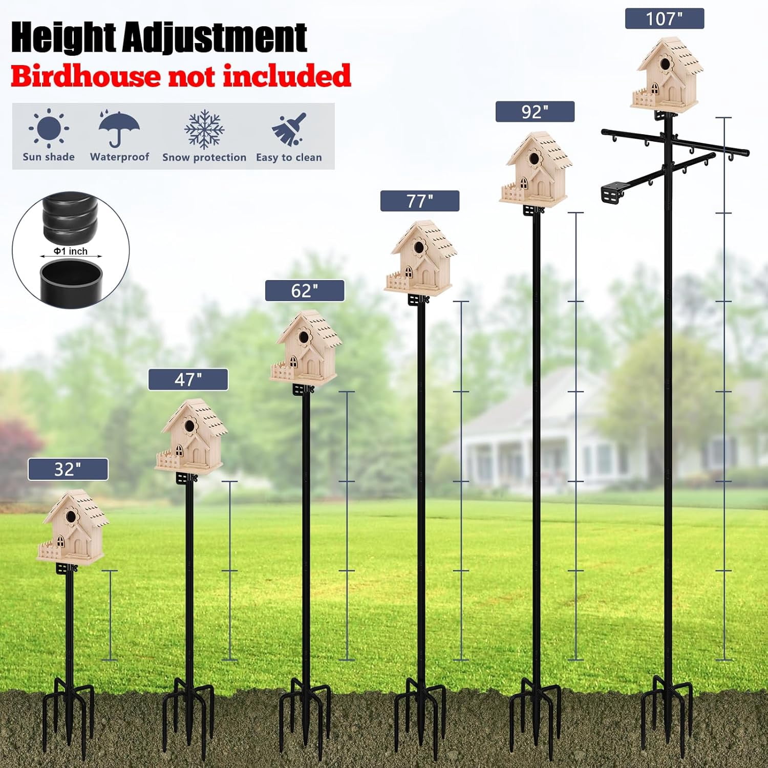 Gtongoko Smart Bird Feeder Pole 1-Inch Dia 79 Inch Bluebird House Pole for Outdoors Weather Station Heavy Duty Metal Mounting Kit Adjustable Bird Feeder Stand Black