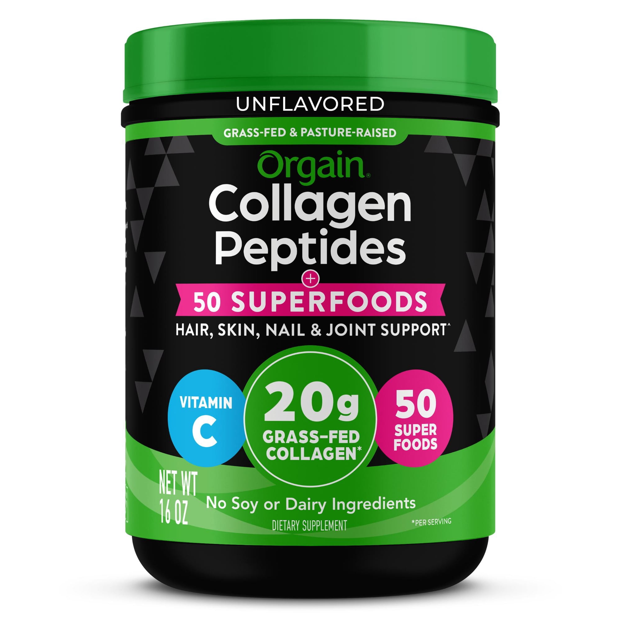 Orgain Grass-Fed 20g Collagen Peptides + 50 Organic Superfoods Powder, Type I & III, 1lb