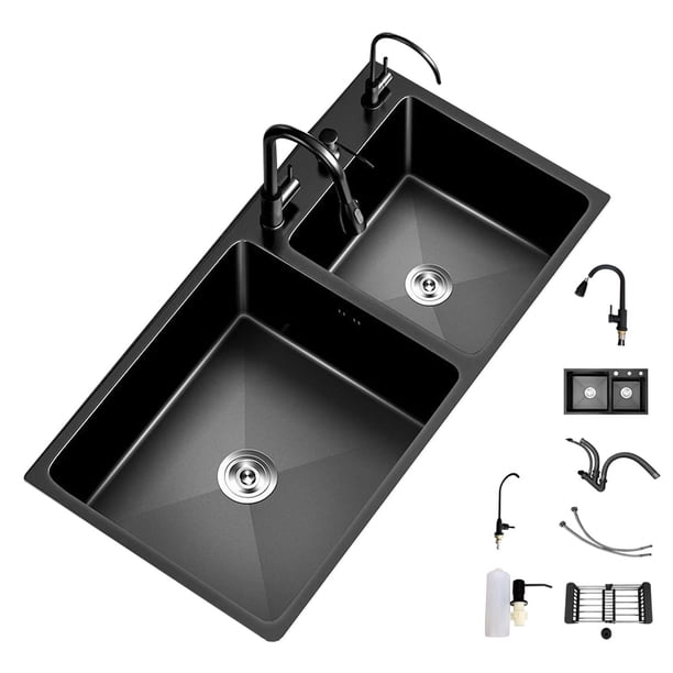 Fregadero De Cocina de Doble Tazón, MUZENS 81 * 43 * 20cm Fregadero De Barra con Grifo y Escurridor de Platos,con Dispensador de jabón, Fregaderos De Cocina para Baño, Cocina, Bar