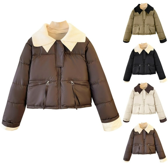 Antinious Women Hooded Zipper Jacket Solid Short Length Lapel Leather Padded Coat Thick Warm Long Sleeve Parkas Coat,Women Trench Coat,Womens Jackets Trendy,Beige,S