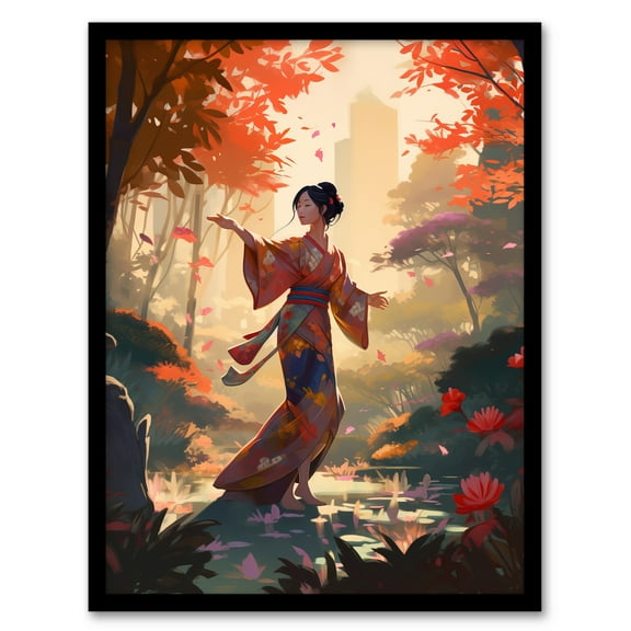 Geisha Performing Traditional Dance Warm Painting Graceful Dancing Falling Leaves Floral Japanese Kimono Autumn Tree Tranquil Garden Landscape Art Print Framed Poster Wall Decor 12x16 inch