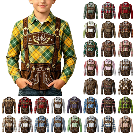 YUANxueke Boys Girls Oktoberfest Shirt Long Sleeve Plaid Printed Button Down Shirts Casual Holiday Vintage Tops for 12M-15Y