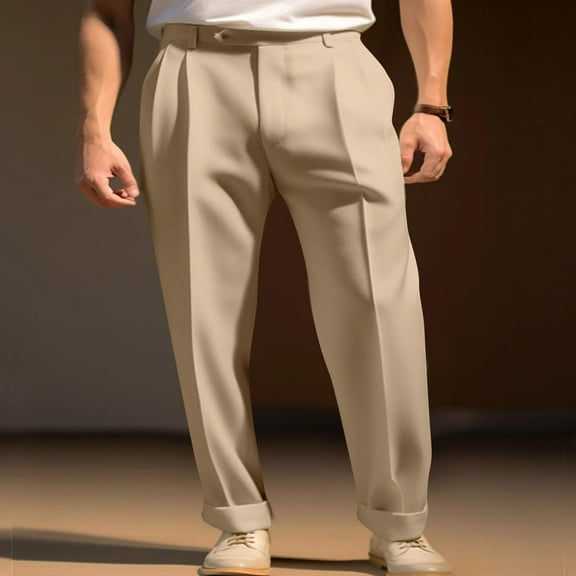 Handshe Men's Business Dress Pants with Solid Color Straight Cut Pleated Button Slant Pockets Formal Office Attire Style,Plus Size