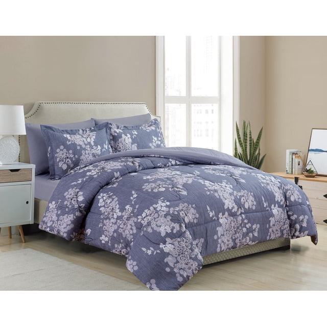 luxury bed set with ultra soft fluffy goose down alternative comforter and matching pillow shams in romantic blue inkwash flower print