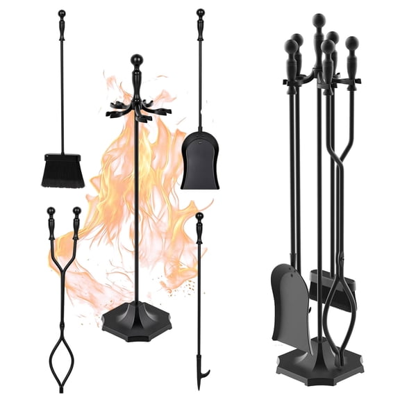 Nalone 5-Piece Wrought Iron Fireplace Tool Set with Fire Poker, Tongs, Shovel & Brush, Heat-Resistant Handles, Wood Stove Accessories for Indoor & Outdoor Fire Pit,Black