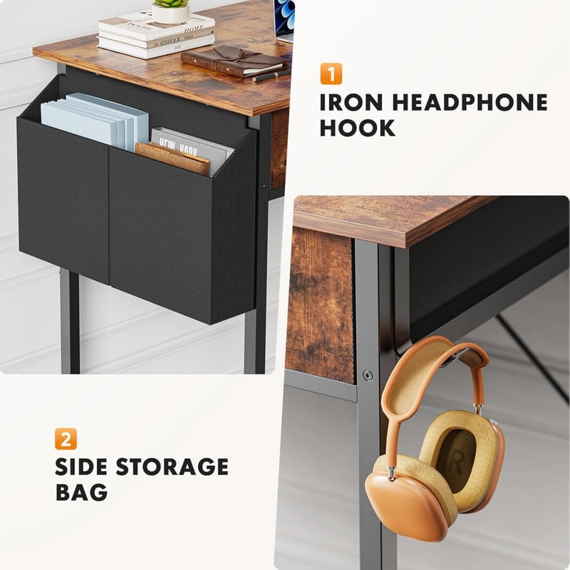 Kelno 32 Inch Computer Desk with 2 Fabric Drawer Storage Bag Iron Headphone Hook Vanity Writing Table, Rustic Brown