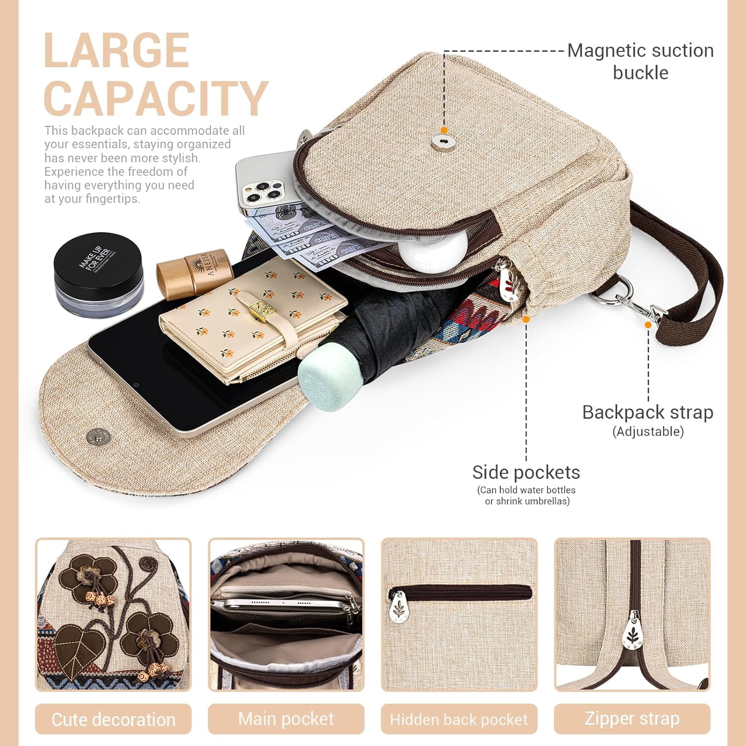 Backpack for Women, Boho Crossbody Sling Bags for Women with Cute Hand-woven Pattern Mini and Small Backpack (Flower)