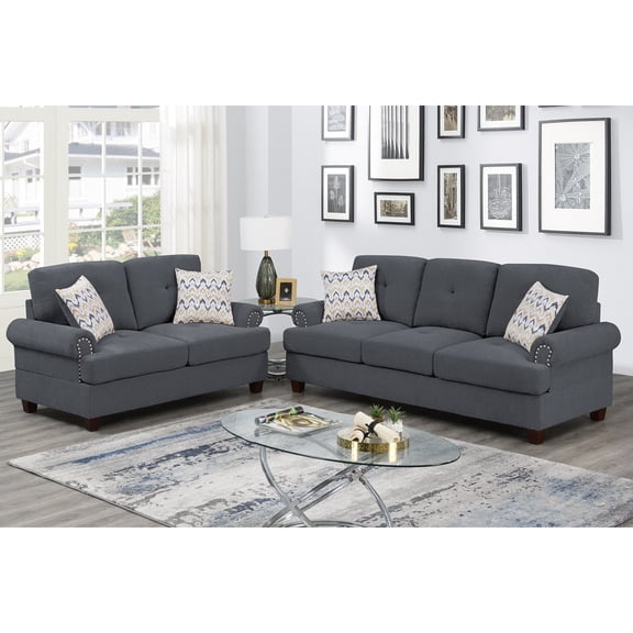Poundex 2 Piece Chenille Sofa and Loveseat Set with Nailhead Trim in Ash Gray