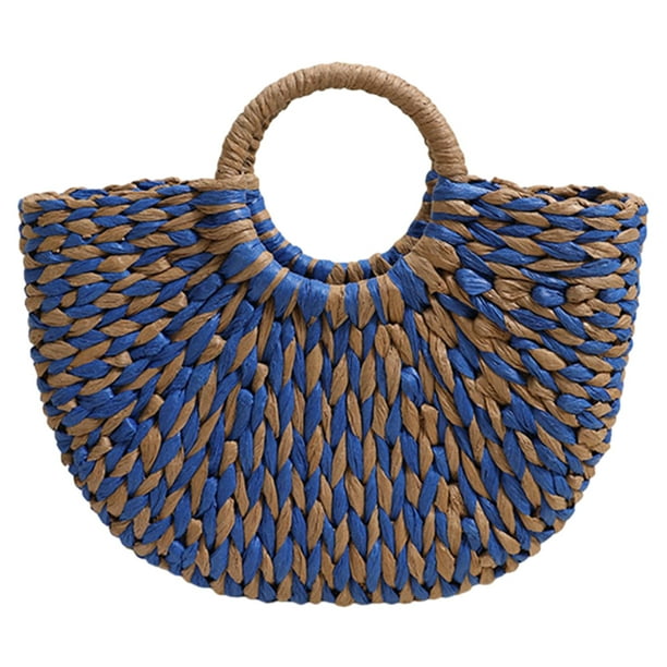 Bolso de mano de paja para mujer, bolso de mano de viaje informal de gran capacidad, bolso tejido semicírculo de choque de colores, bolso de playa de verano