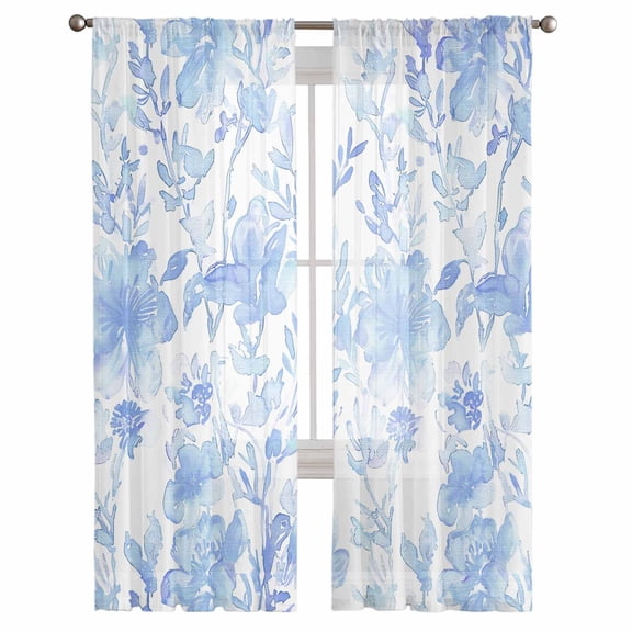 Watercolor Blue Floral Semi Sheer Curtains 108 Inch Length 2 Panels Set, Blue Ombre Botanical Summer Sheer Kitchen Curtain Privacy Voile Window Curtain for Living Room Bedroom Rod Pocket Drapes