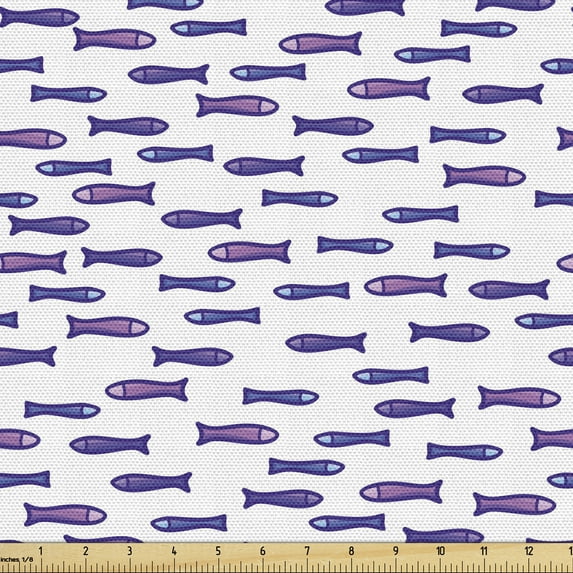 Fish Upholstery Fabric by the Yard, Marine Theme Swimming Aquatic Animals Pattern in Minimalistic Design, Decorative Fabric for DIY and Home Accents, Violet Blue Purple and White by Ambesonne