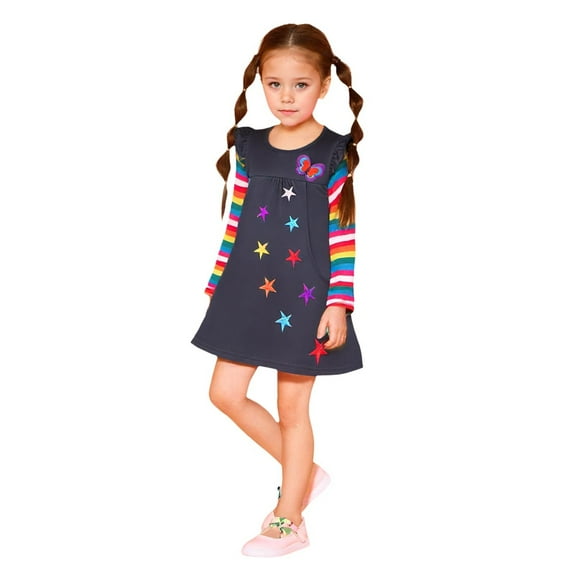 MEZZALL Kids Toddler Girl Long Sleeve Star Embroidered Spring Autumn Rainbow Sleeve Two Pocket A-Line Dress Leisure Baby Sundress