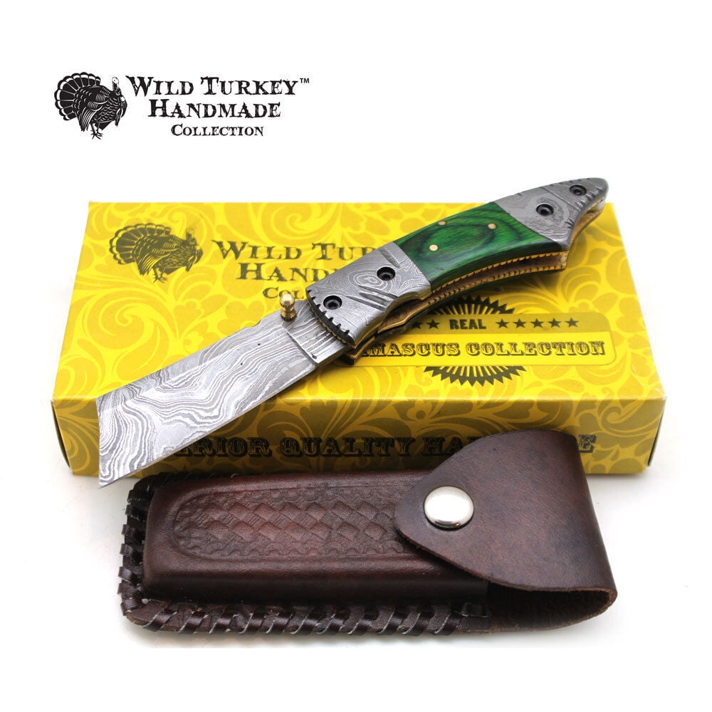 Wild Turkey Handmade Damascus Steel Collection Razor Style Folding Knife