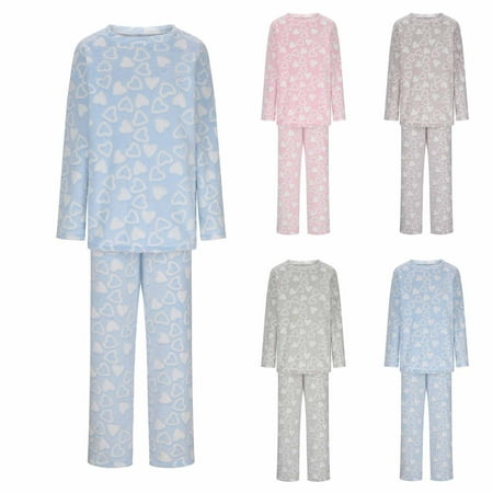 HVOBTTY 2 Piece Pajamas Set for Women Women s Fall Outfits Set Women s Fashion Soft Heart Print Fleece Top and Elastic Waist Wide Leg Pants Loungewear Set Gray L