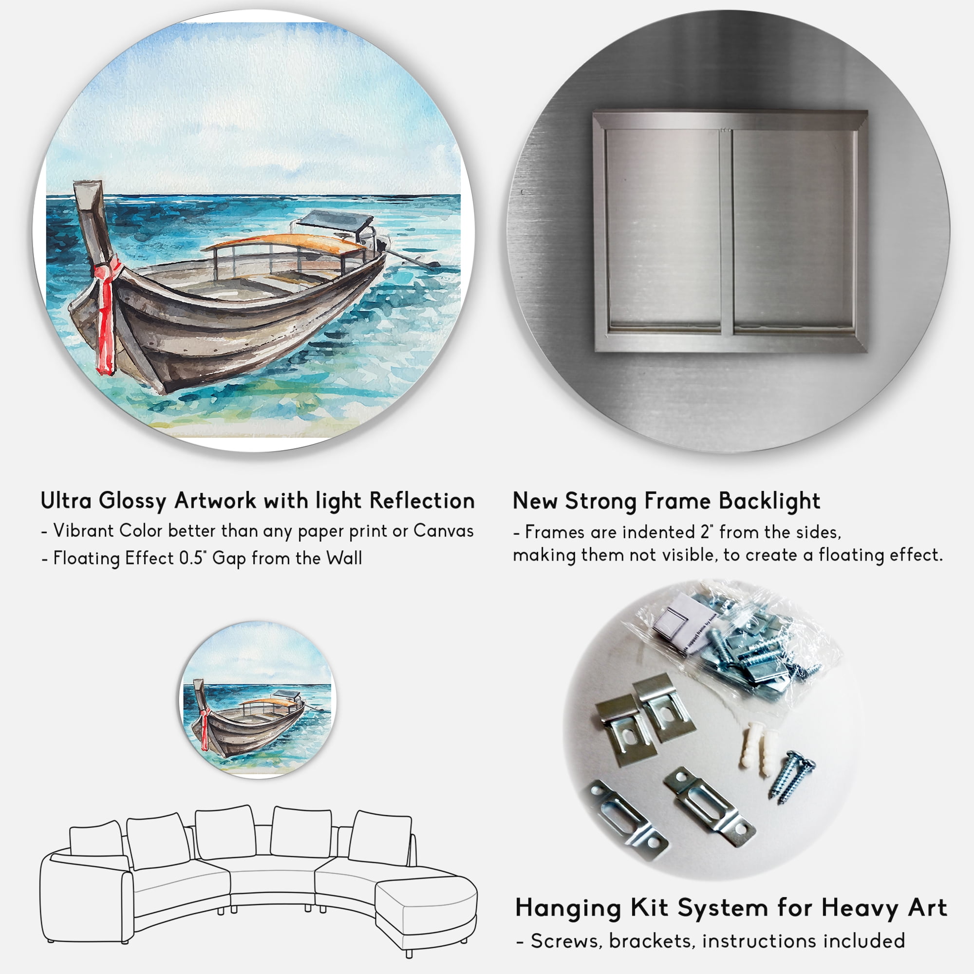 Designart 'Little Boat At The Lake Shore' Nautical & Coastal Circle Metal Wall Art 29x29 - Disc of 29