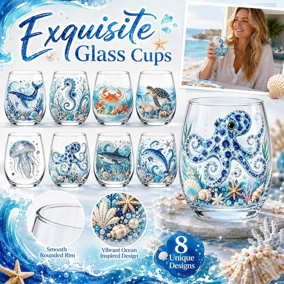 Ocean Animal Artisan Glassware Collection, 2D Whale Stemless Wine Glasses, Handcrafted Marine Animal Bar Glass, Coastal Home Decor Gift