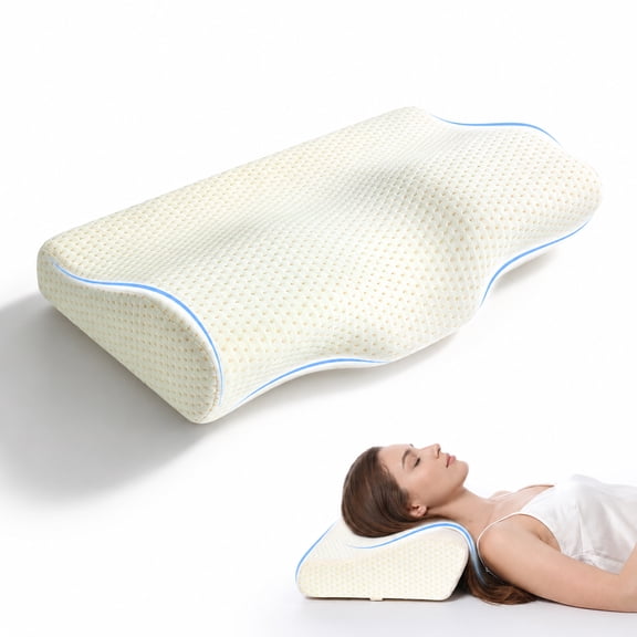QUTOOL Ergonomic Memory Foam Cervical Pillow for Side, Back & Stomach Sleepers, Contour Neck Support Bed Pillow with Breathable Removable Cover, Dual Height Sleeping Pillow, White