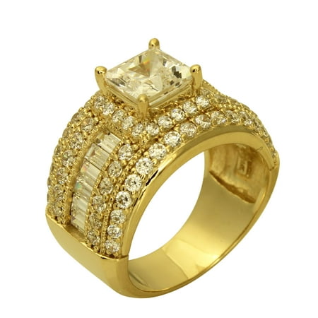 Princess Cut Pave Set - 5.00 Ct 14K Real Yellow Gold Big Fancy Square Princess Cut Center with Baguette & Round Channel Pave Set Side Stones Engagement Wedding Bridal Propose Promise Ring Band