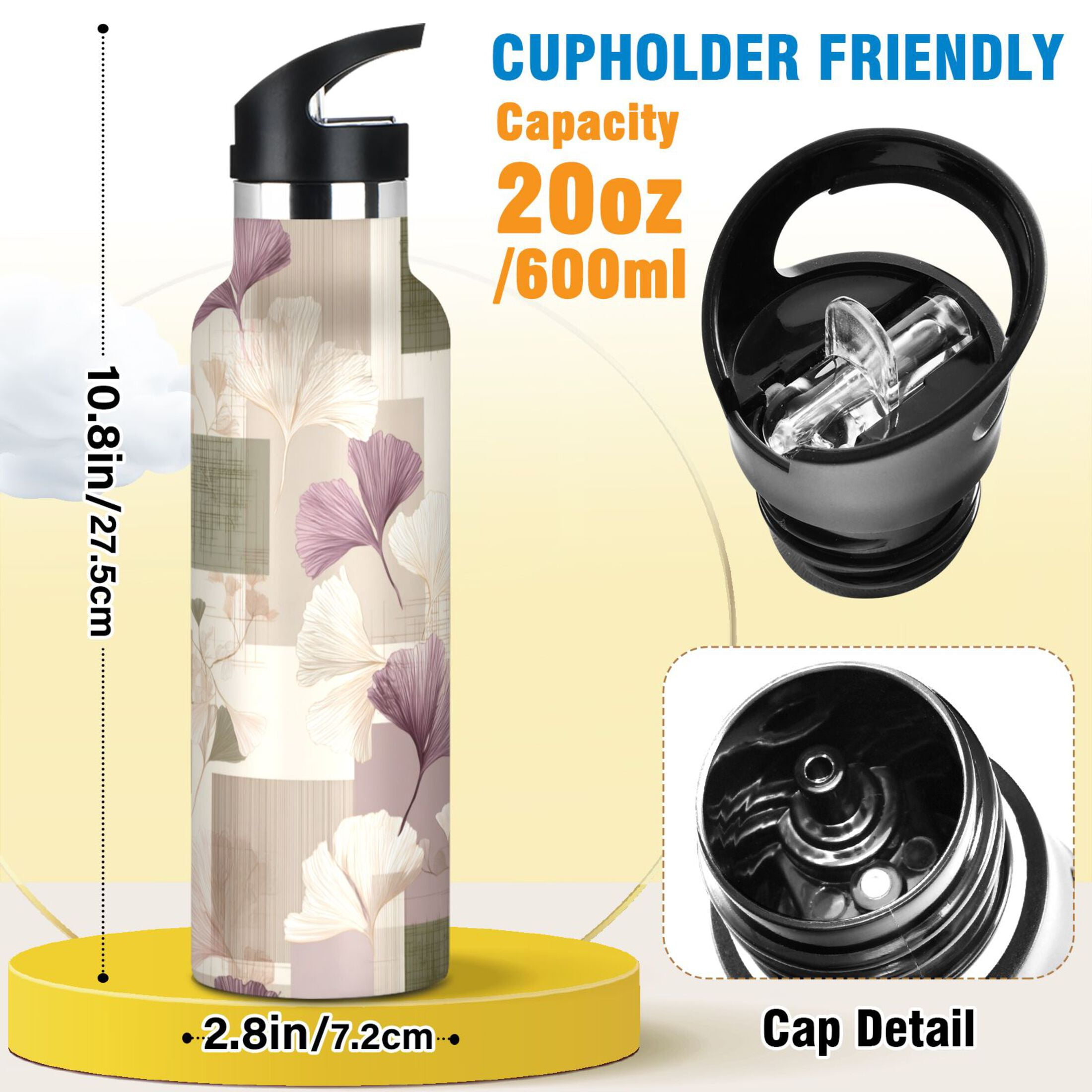 Kids Insulated Stainless Steel Sports Water Bottle 600ml (20oz) Squares and Ginkgo Leaves Pattern