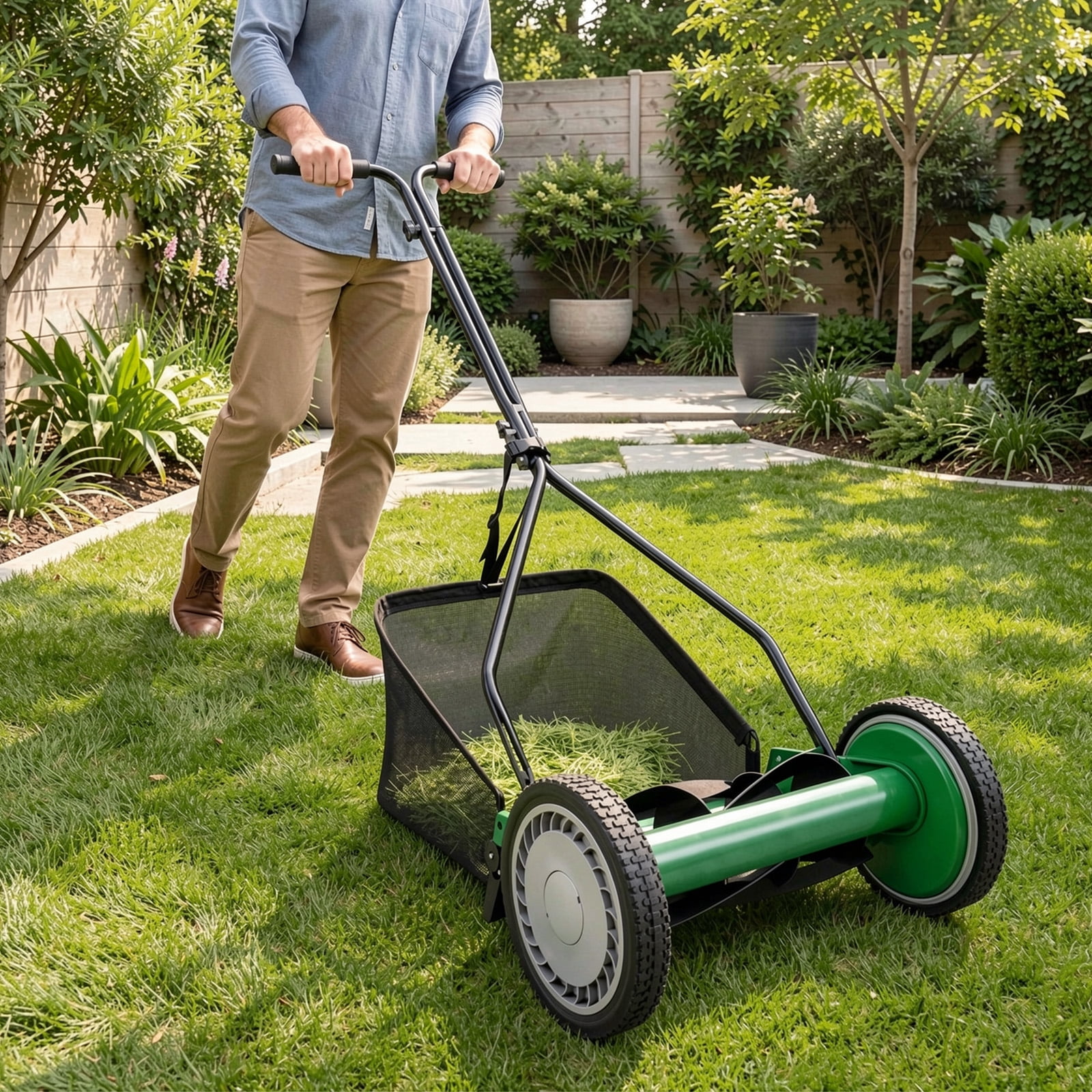 Biotree 14 Inch Push Lawn Mower with 5 Steel Blades and Grass Catcher Bag-Green Manual Reel Eco-Friendly