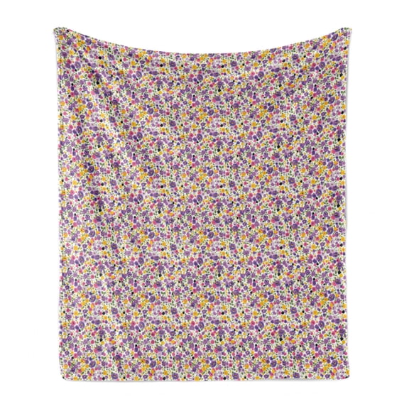 Floral Soft Flannel Fleece Throw Blanket, Blossoming Spring Flowers on a Plain Background, Cozy Plush for Indoor and Outdoor Use, 50" x 70", Violet Earth Yellow, by Ambesonne