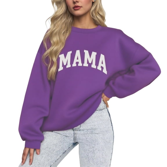 Qgtaibl Womens Oversized Crew Neck Sweatshirt Letter Graphic Long Sleeve Pullovers Casual Mom Life Tops for Athletic Work School Purple M