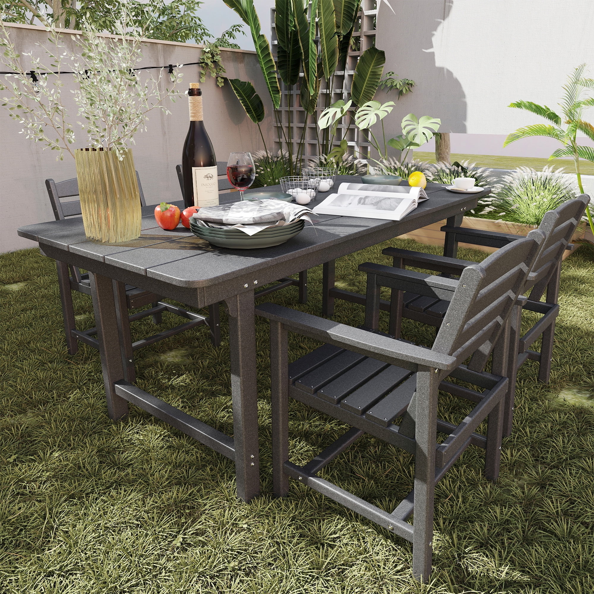 FOOWIN 5PCS Patio Dining Set, HDPE All Weather Outdoor Furniture Set 4 Chairs and 1 Table, Grey