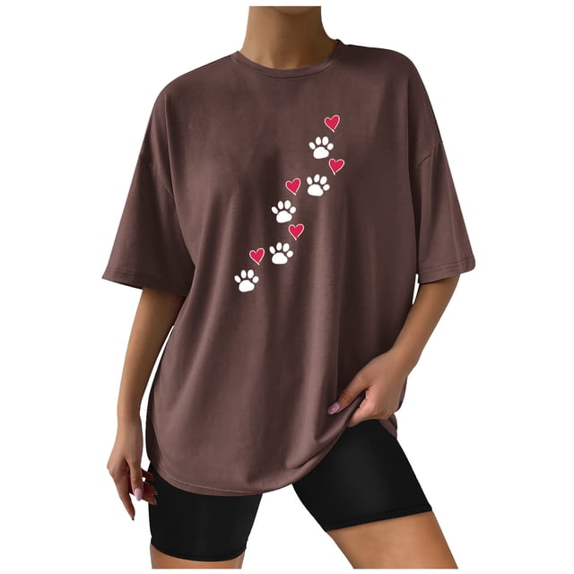 EQWLJWE Hauts d'Été pour Femmes Hauts pour Femmes Liquidation Mode Femme T-Shirt à Manches Courtes Col Rond Imprimé Blouse Ample