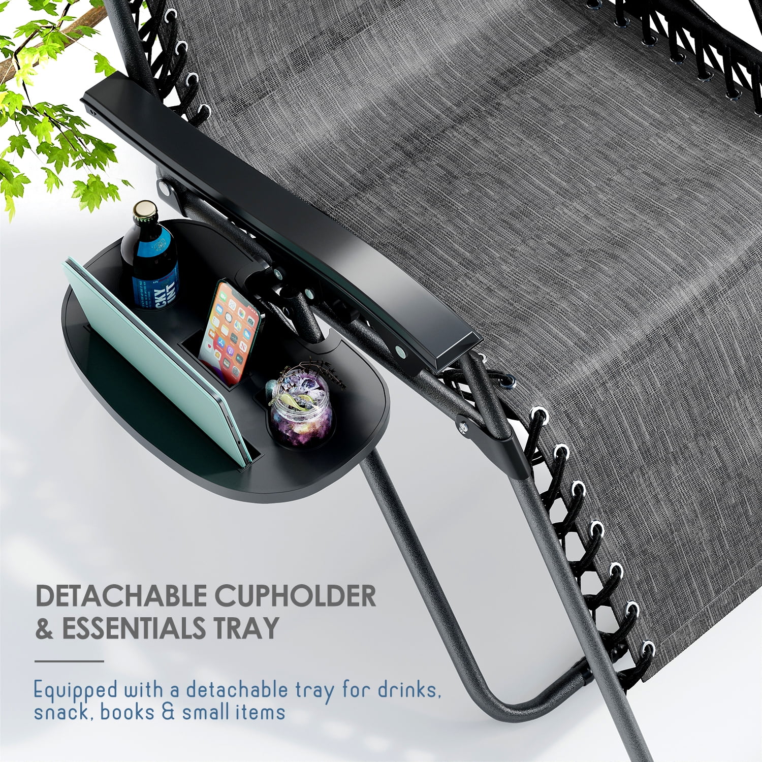LammaLoe Zero Gravity Chair Set of 2, Outdoor Lounge Chairs with Cup Holder, Gray