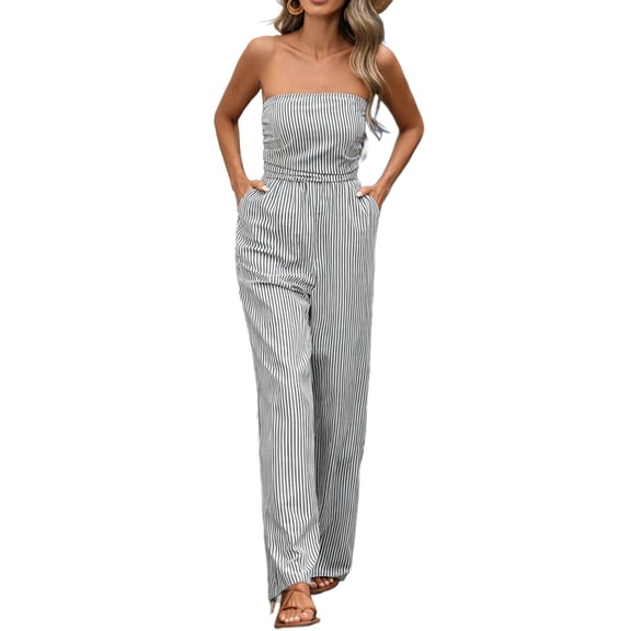 LEAVINGSUO Jumpsuit for Women Plus Size Womenās Fashion Striped Jumpsuit Strapless Wide Leg Romper Pockets Jumpsuit Pants Black S