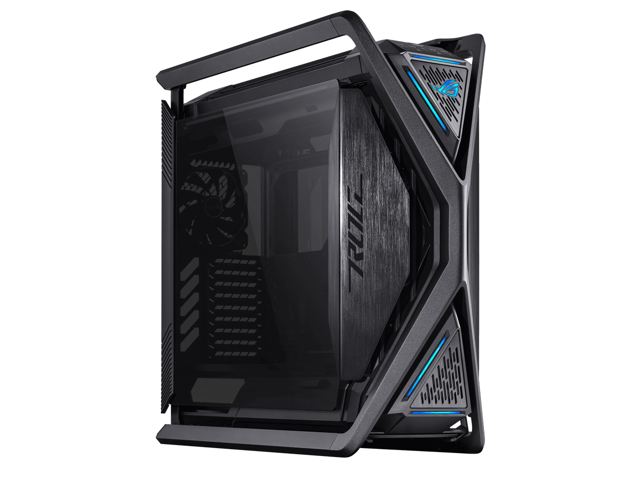 ASUS ROG Hyperion GR701 BTF Edition computer case, ASUS ATX BTF motherboards exclusive support, 420 mm dual radiator support, four 140 mm fans, metal GPU holder, component storage, ARGB fan hub