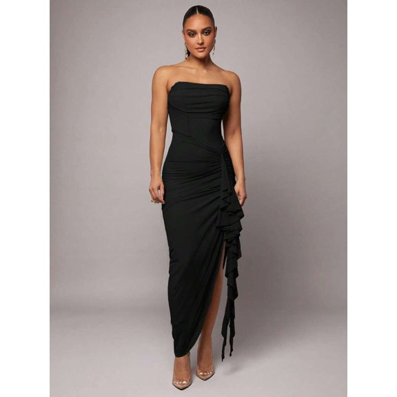 Black Strapless Ruched Maxi Dress With Asymmetrical Ruffle Side Slit Elegant Evening Gown