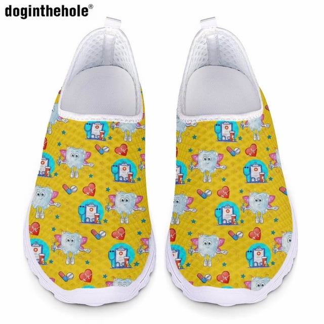 Doginthehole - Zapatos planos informales para mujer, con dibujos de dientes, para hospital, enfermería, zapatillas de deporte de malla transpirables y cómodas para verano