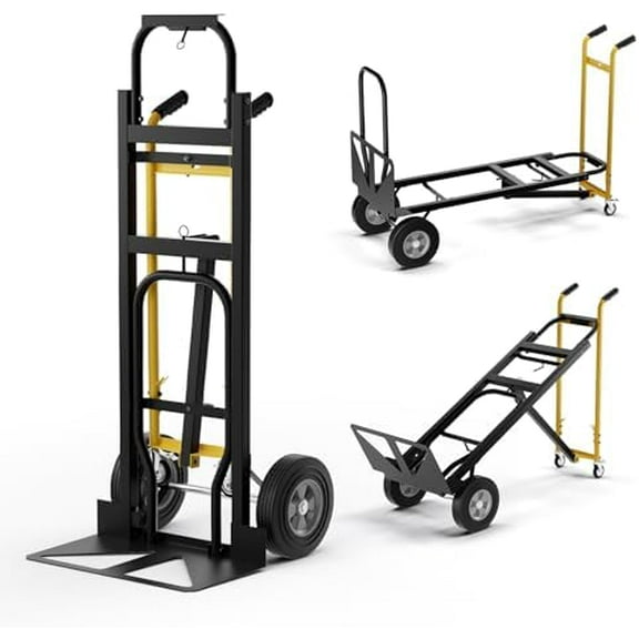 3 in 1 Hand Truck, Convertible Hand Truck with 4 Wheels & Rubber Handle, Folding Truck Heavy Duty Truck for Warehouse, Garage, Supermarket & Home