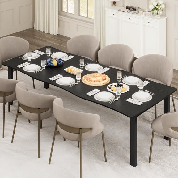 Dining Table for 6-8, Rectangular Minimalist Table with Wave Irregular Edge, 15Mm Thick MDF Top & Metal Frame, Waterproof Scratch-Resistant