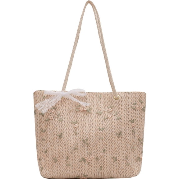 Jiibva Summer Women Straw Woven Beach Bag Shoulder Bag Straw Bag Flower Embroidery Handbags Casual Large Capacity Totes Pouch