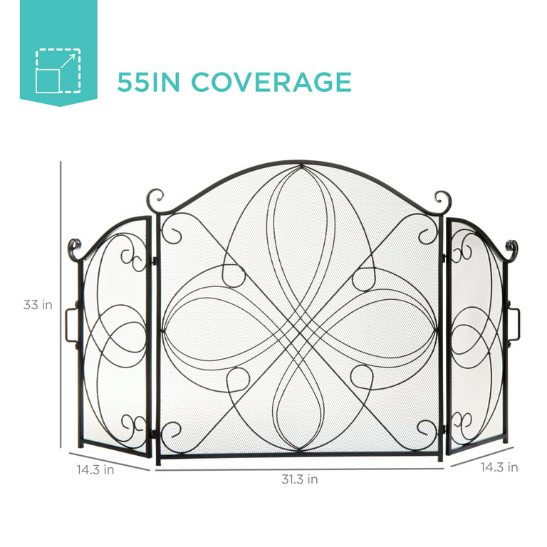 3-Panel Iron Fireplace Safety Screen Decorative Scroll Spark Guard