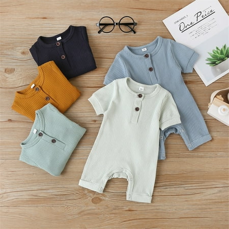 

Newborn Infant Baby Romper One Piece Jumpsuits Bodysuit Knitted Rib Short Sleeves Summer Outfits 0-18 M