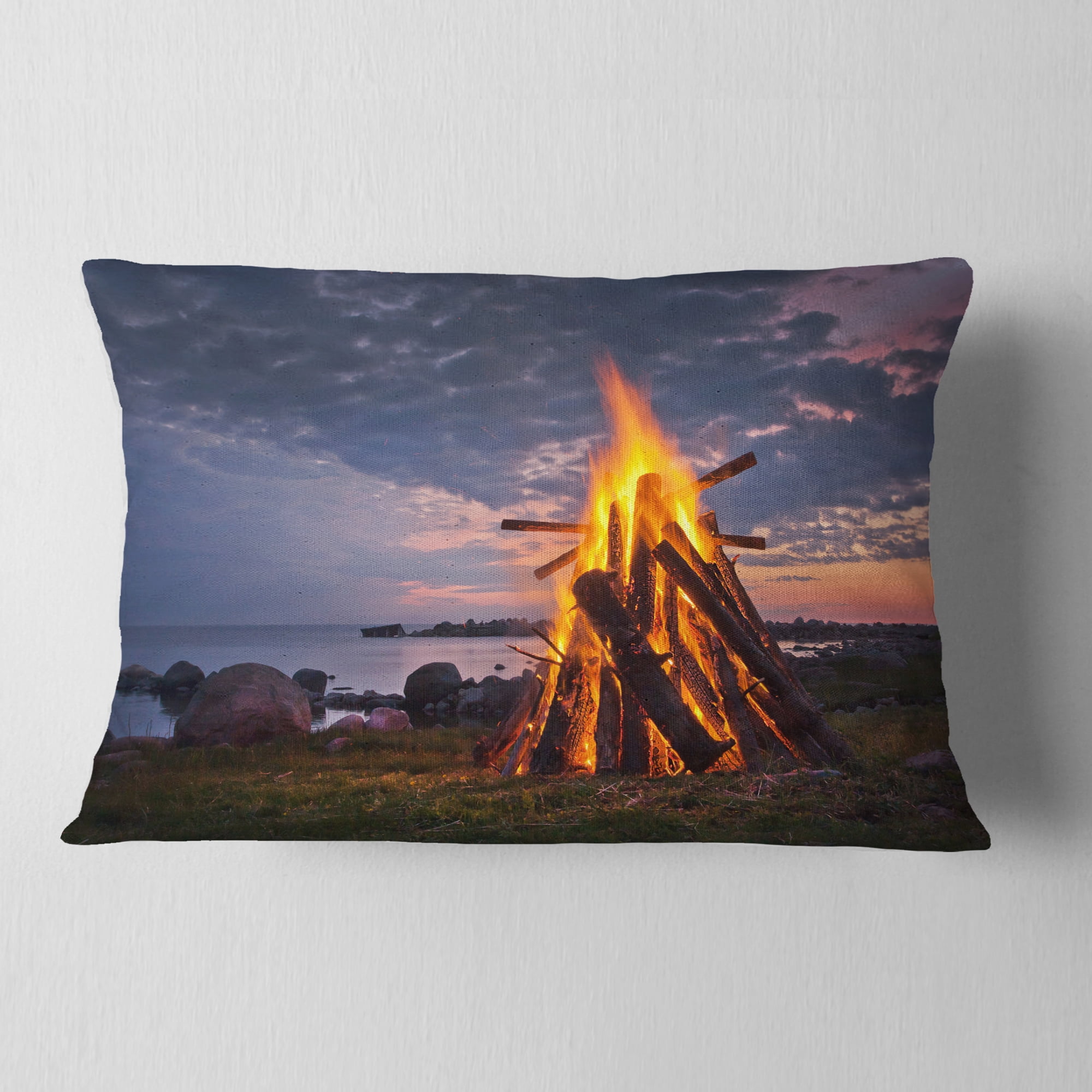 Designart Bonfire on Beach in Summer Night - Landscape Printed Throw Pillow - 12x20