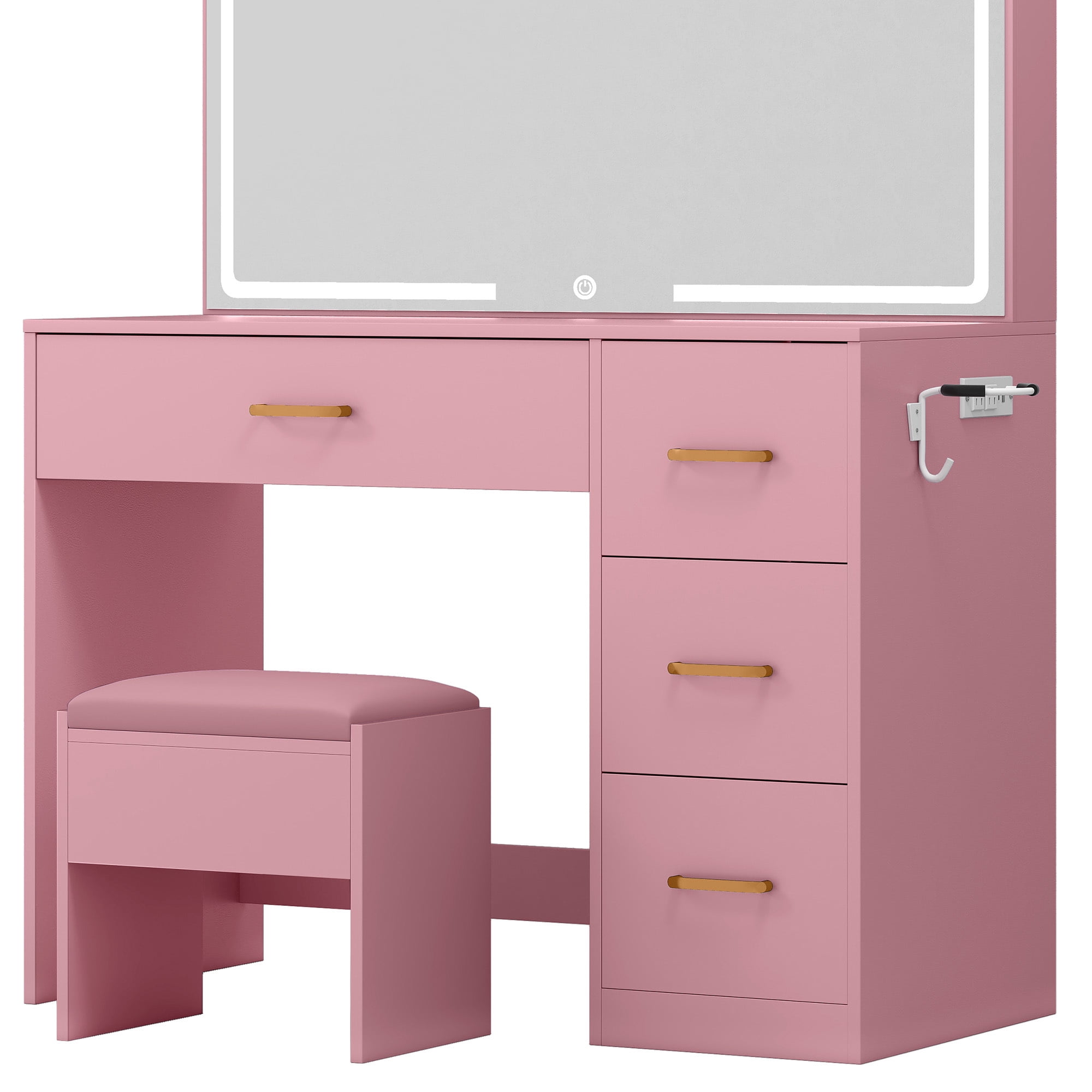 Uforic 4 Drawers Makeup Desk with LED Mirror, Vanity Table with Power Strip, Stool, Pink
