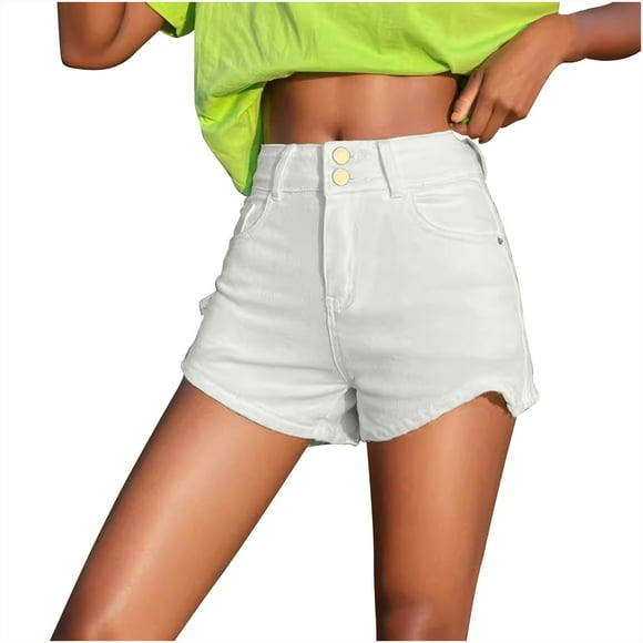 Virmaxy Womens Shorts Jeans Denim Shorts Solid Color Comfort Pocket Stretch Jeans Denim Shorts Solid Color Comfortable Pocket Elastic Jeans White L