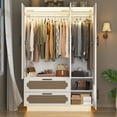 thumbnail image 5 of 3-Door Armoire Wardrobe Closet for Bedroom with Mirror & LED Lights, 70" Rattan Door Wardrobe with 2 Drawers and 4-Layer Shelves, Boho Large Armoire Clothes Organizer with 2 Hanging Rods, 5 of 10
