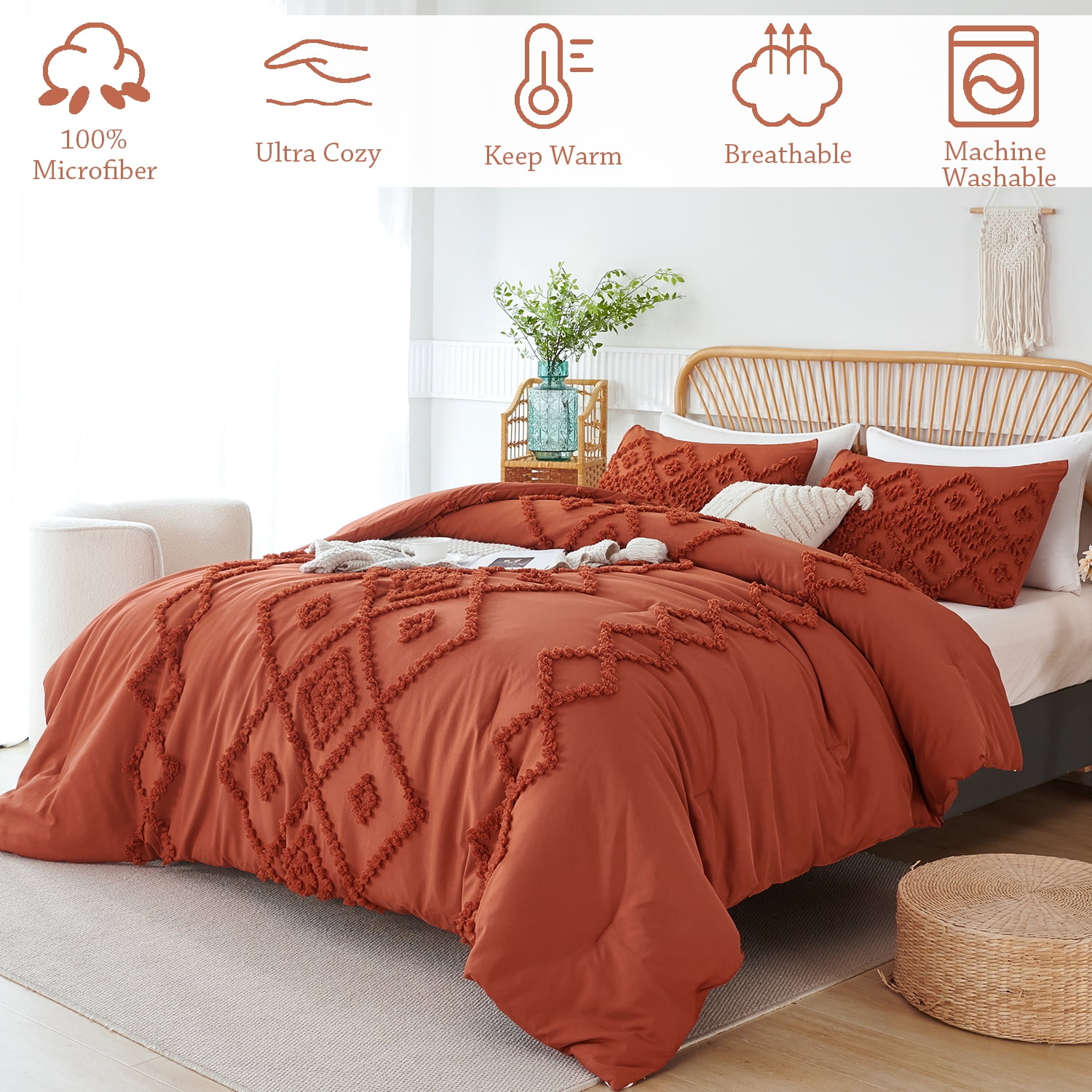 RYNGHIPY King Comforter Set Tufted Jacquard Bedding Set 3 Pcs Boho Bed Set for Girls Women Men Farmhouse Style Shabby Chic Bedding (King, Caramel)