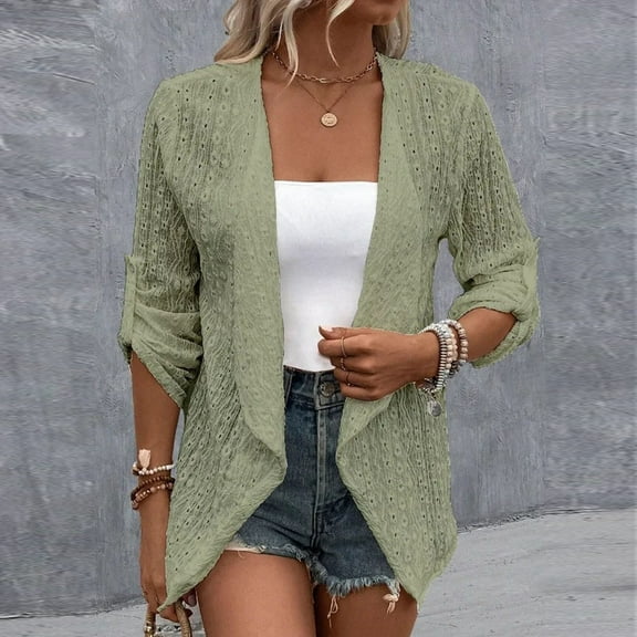 Gamivast Open Front Jackets for Women Plus Size Oversized Hollow Rolled up Sleeve Trendy Cardigan Loose Casual Solid Cardigan Travel Work Elegant Coat Fall Fashion Outfits
